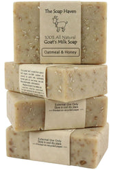 Soap Haven oatmeal honey goat milk bars on display, offering a creamy, gentle cleanse.