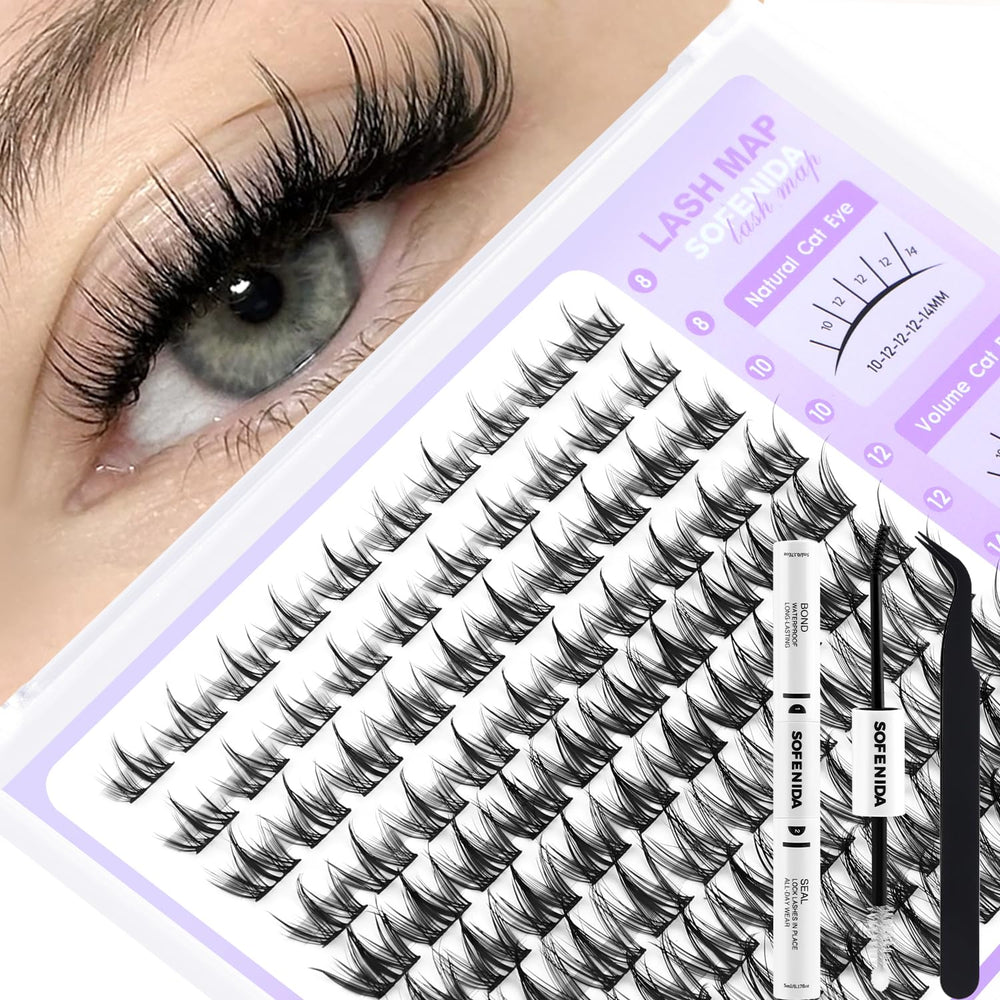 SOFENIDA natural manga lash clusters kit close-up showing dense 8-16mm clusters for fluttery volume
