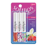 SoftLips 3-pack Watermelon Cherry Vanilla lip balms in sleek packaging for on the go hydration