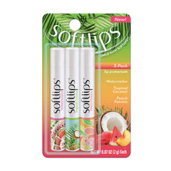 SoftLips protectores labiales diarios tropical, hidratación duradera para labios suaves.