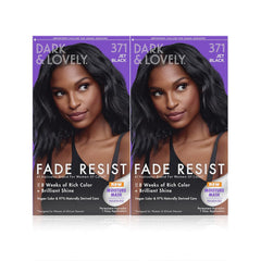 SoftSheen Dark and Lovely fade-resist jet-black color in bottle for vibrant, long-lasting shade.
