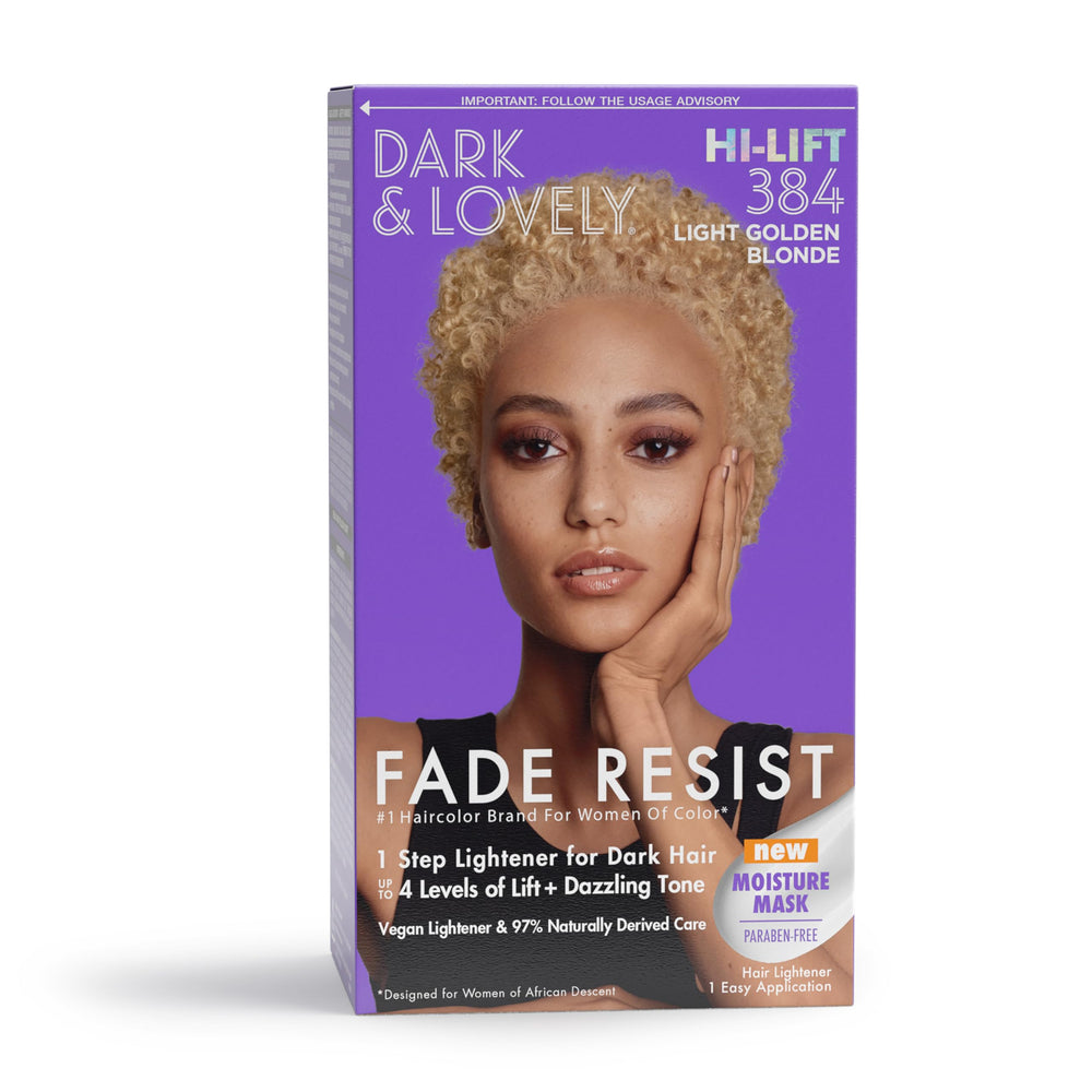 SoftSheen Fade Resist Rich Color Light Golden Blonde 384 bottle showcases long-lasting vibrancy.