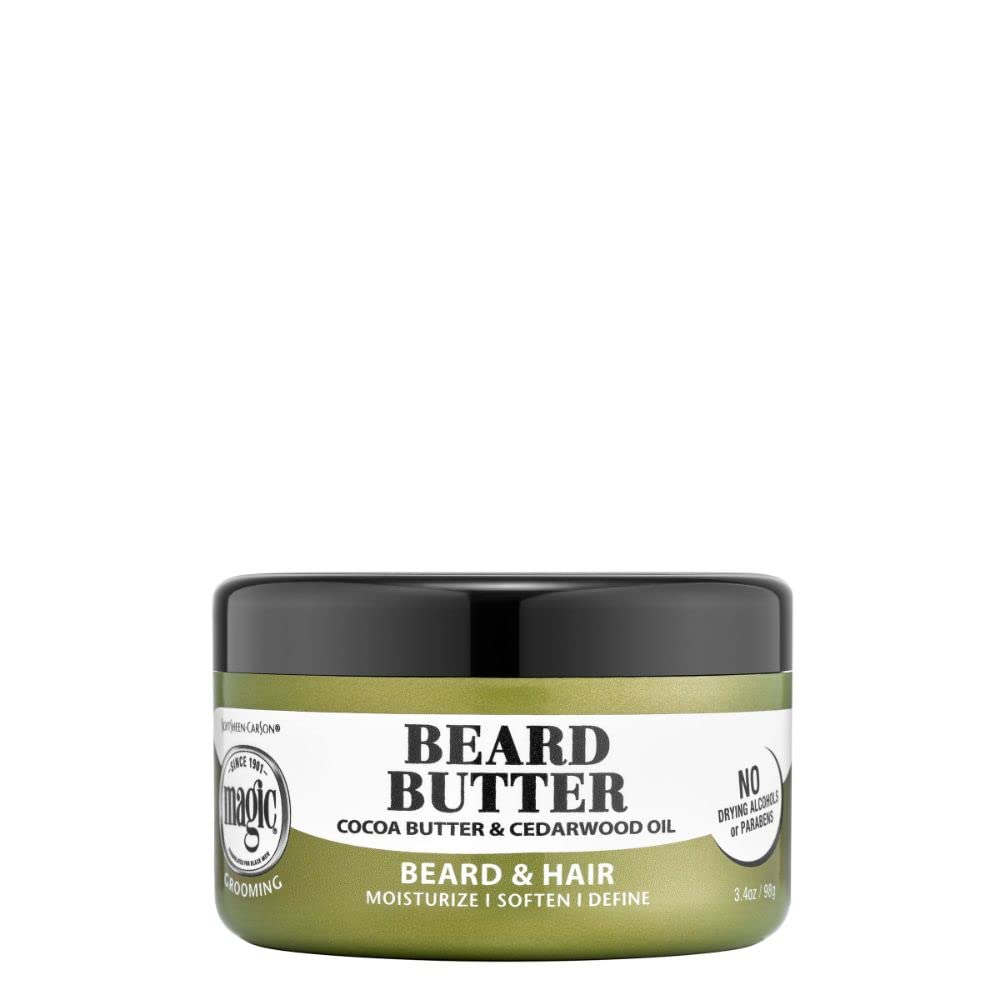 SoftSheen Magic beard butter jar shows cocoa butter conditioning for softness and definition.