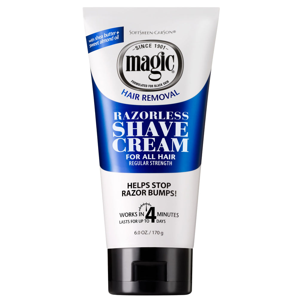 SoftSheen Magic Razorless Cream tube shown for quick depilation on the body.