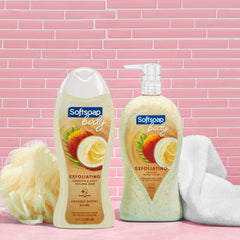 Softsoap Body Coconut Butter Scrub pump demonstrates easy dispensing.