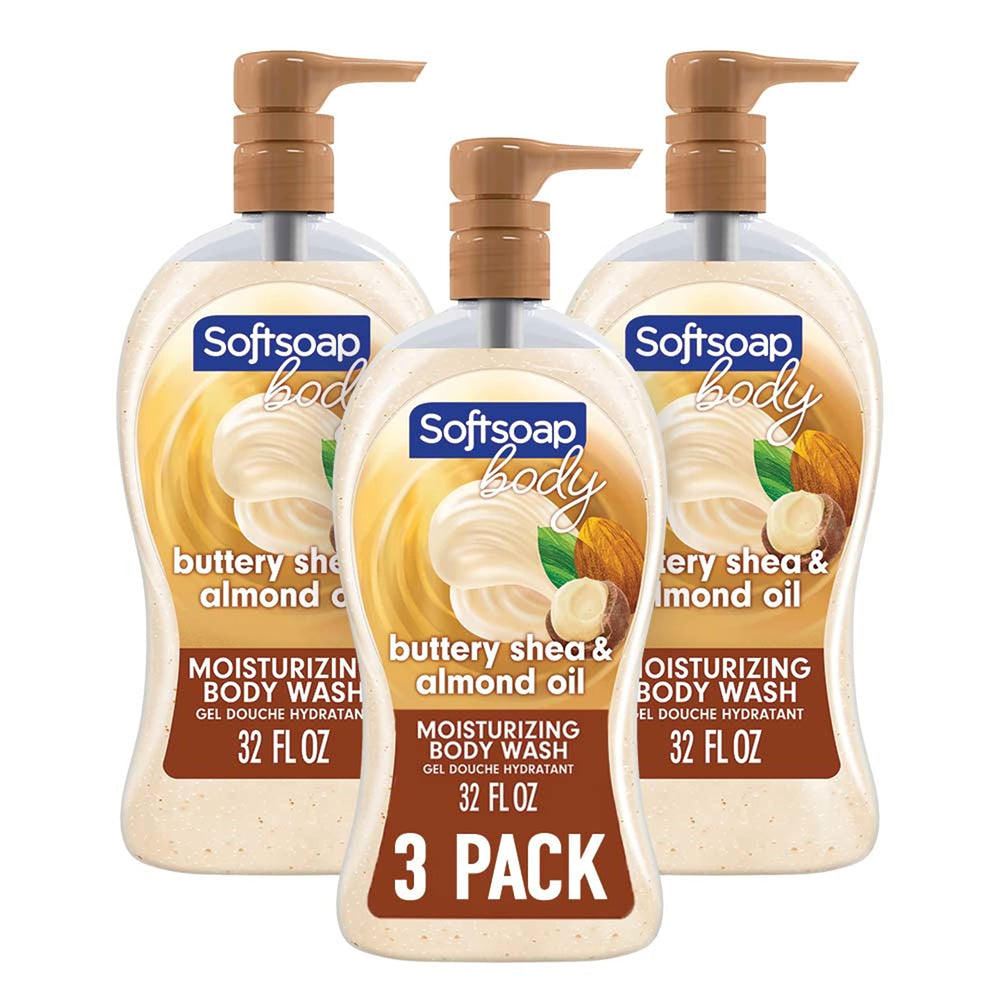 Softsoap Body Wash bottle pump displaying moisturizing formula with shea and almond oil.