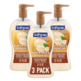 Softsoap Body Wash bottle pump displaying moisturizing formula with shea and almond oil.