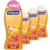 Softsoap Honeysuckle & Orange Burst bottle front with refreshing citrus aroma for morning showers.
