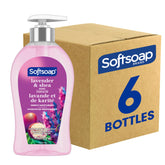 Softsoap Lavanda y Karité en botella sobre encimera, hidratación suave para manos tras lavado.