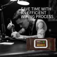 Close-up of single-wipe dispensing for quick tattoo session cleans