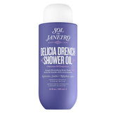 Sol de Janeiro Delícia Drench Shower Oil bottle pouring for hydrating oil-to-foam cleanse
