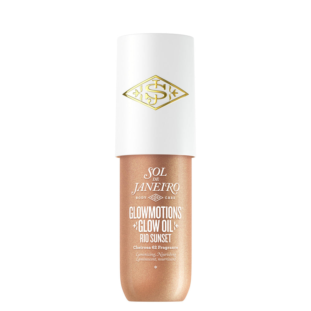 Sol de Janeiro Rio Sunset Glow Oil bottle showing translucent champagne shimmer for radiant skin.