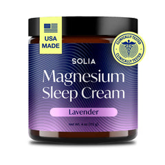 Solia Magnesium Sleep Cream, envase 4oz, ideal para rutina nocturna relajante.