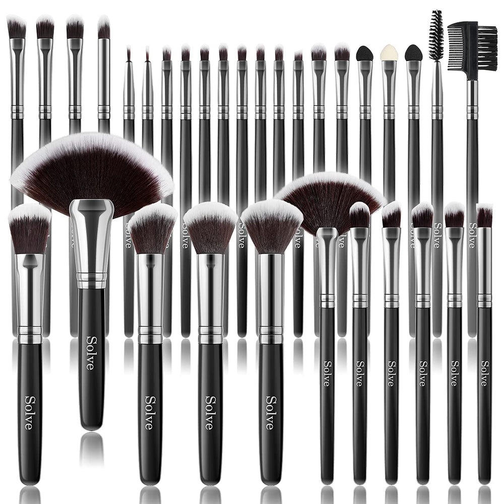 SOLVE 32-piece brush set with wooden handles for even makeup application.