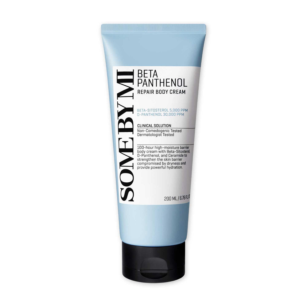 SOME BY MI Beta-Pantenol Repair Body Cream, botella; hidratación duradera para piel sensible.