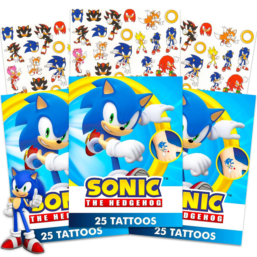 Sonic tattoo sheets collection featuring three sheets of vibrant designs for party favors