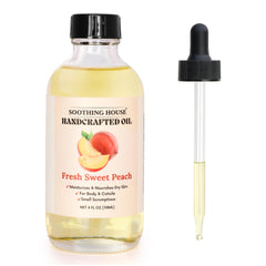 Soothing House Fresh Sweet Peach Body Oil bottle showcases lightweight hydration for daily use.