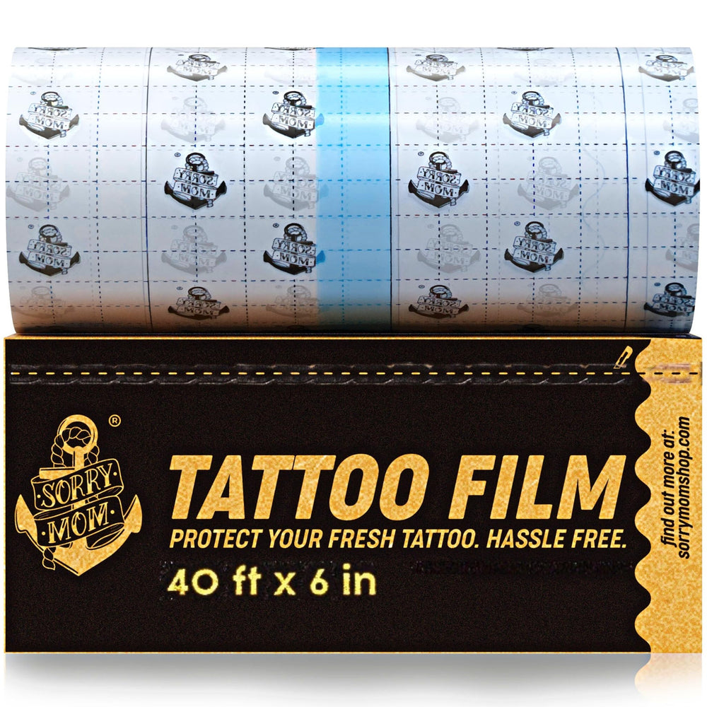 Sorry Mom tattoo aftercare bandage with clear film protects large ink areas.