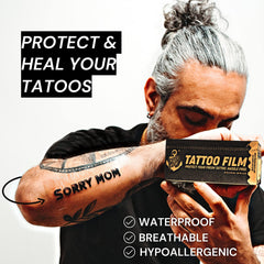 Sorry Mom tattoo wrap shows waterproof, breathable film for daily wear.