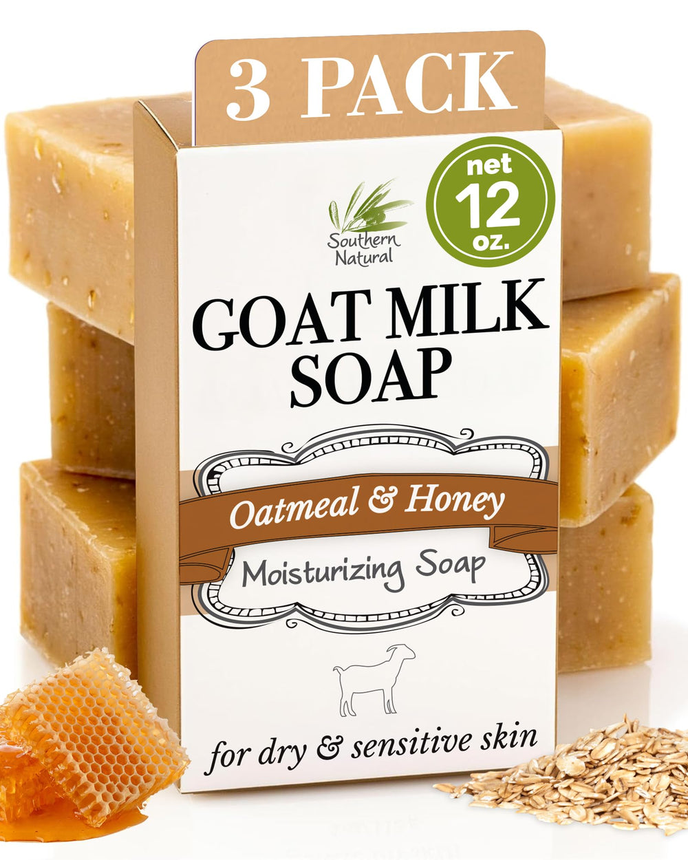 Jabón de avena y leche de cabra de Southern Natural, tres barras para piel sensible.