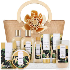 Spa Luxetique vanilla spa gift basket front view for luxurious at-home pampering.