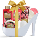 Spa Luxetique World high heel gift set with rose motif for glamorous unboxing.