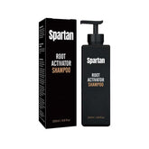 Spartan Root Activator shampoo bottle front view highlighting natural care for gray hair