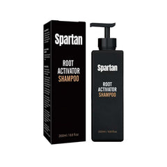 Spartan Root Activator shampoo bottle front view highlighting natural care for gray hair