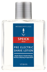 Speick Men Pre Electric Shave Lotion bottle with lavender, ready for pre-shave prep.