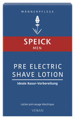 Speick Men Pre Electric Shave Lotion packaging featuring lavender, supports pre-shave ritual.