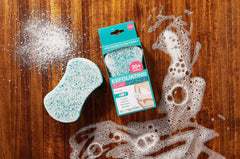 Spongeables dual-texture sponge highlighting exfoliation and gentle cleansing.
