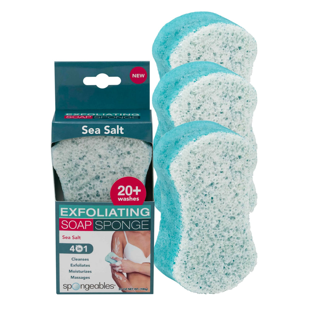 Spongeables esponja con jabón de sal marina, exfolia suavemente y limpia la piel.