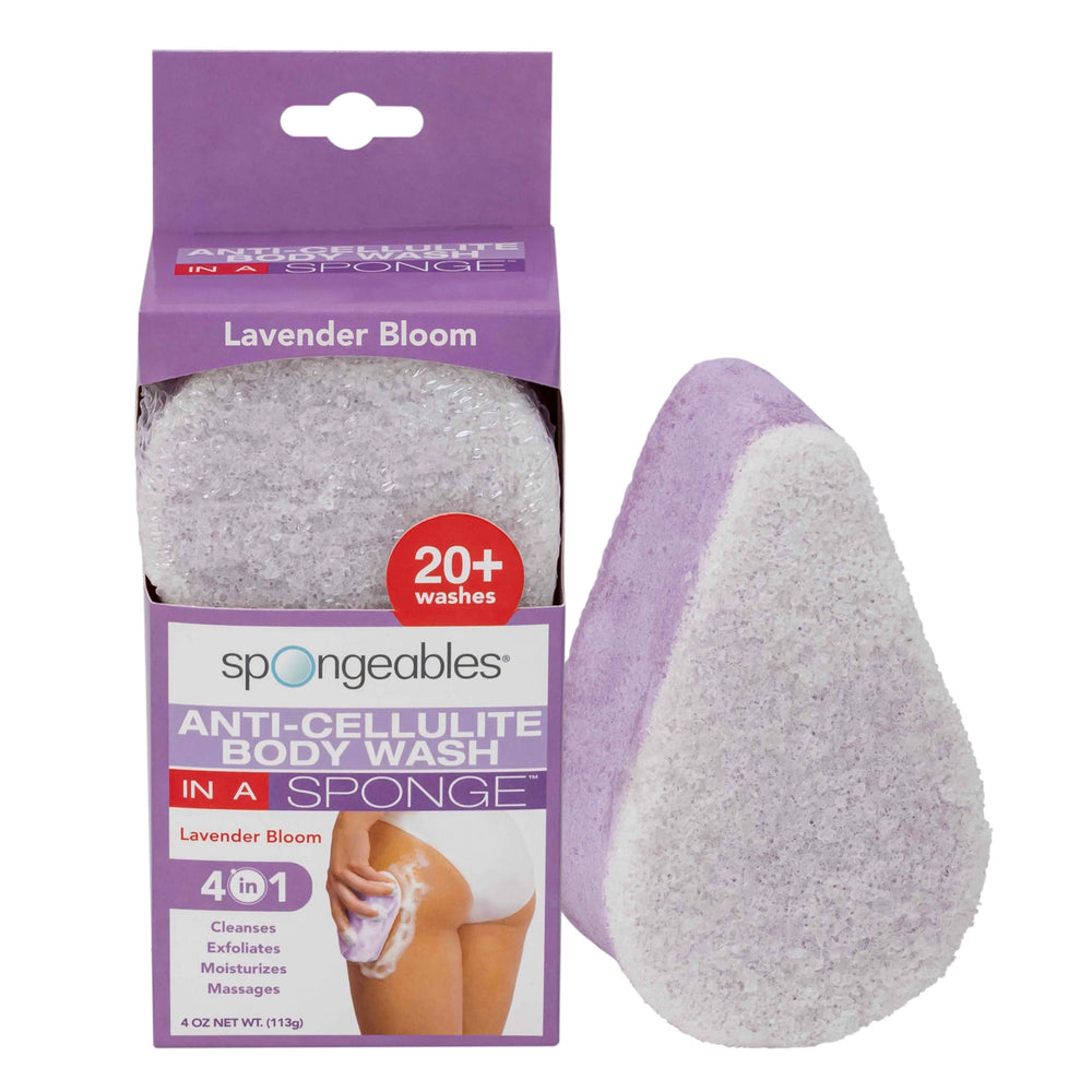 Spongeables Lavender Anti Cellulite Sponge close-up showing dual textures for cleansing.
