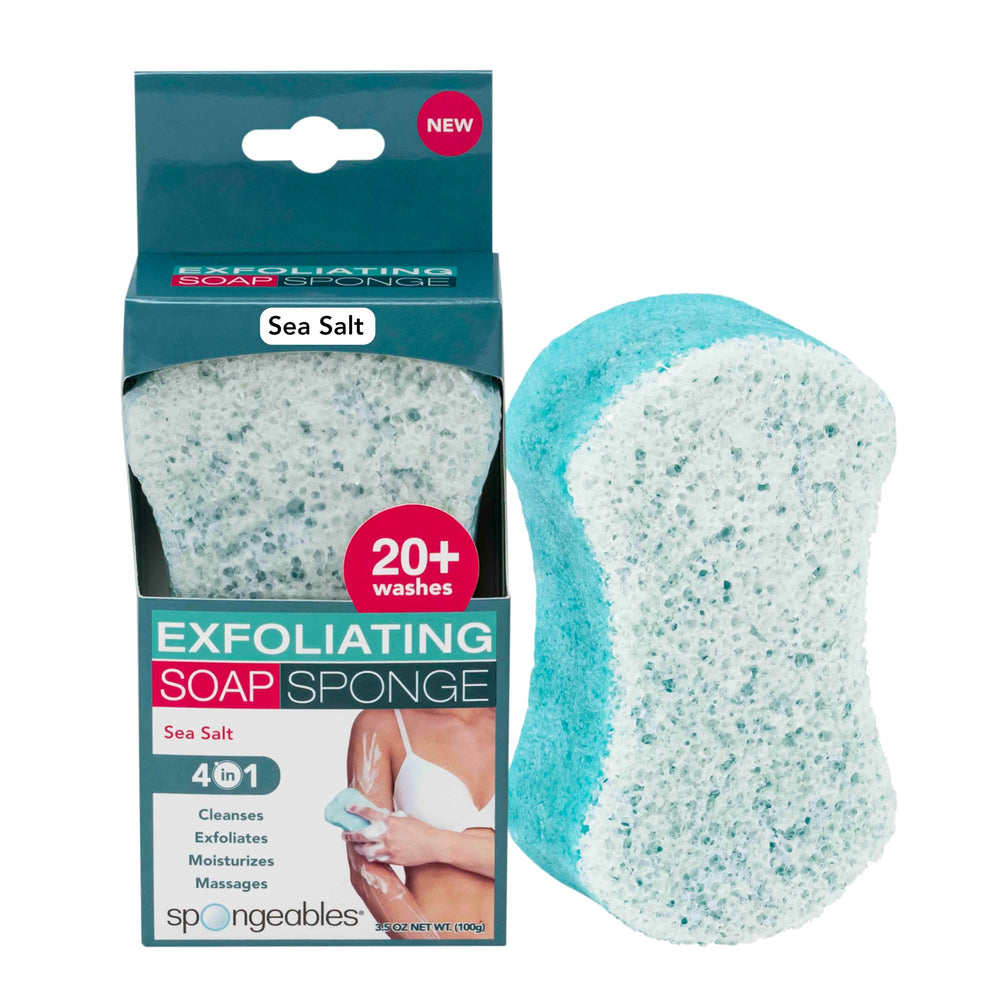 Spongeables Sea Salt Body Wash sponge for exfoliation and hydration.