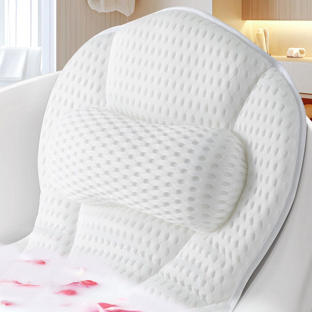 SQLHM bath pillow head support keeps neck comfortable for a relaxing soak.