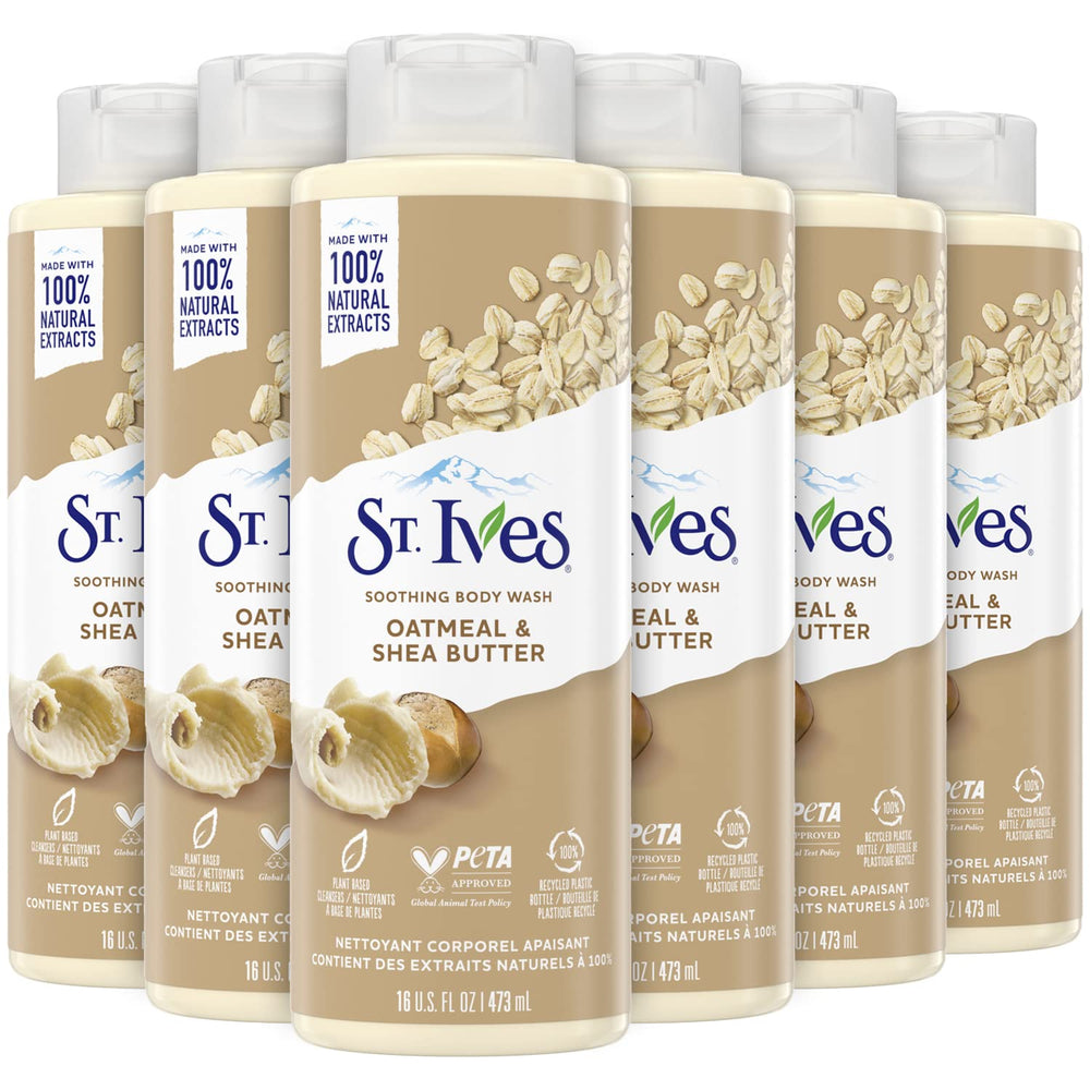 St. Ives body wash bottle with oatmeal and shea butter for gentle cleansing.