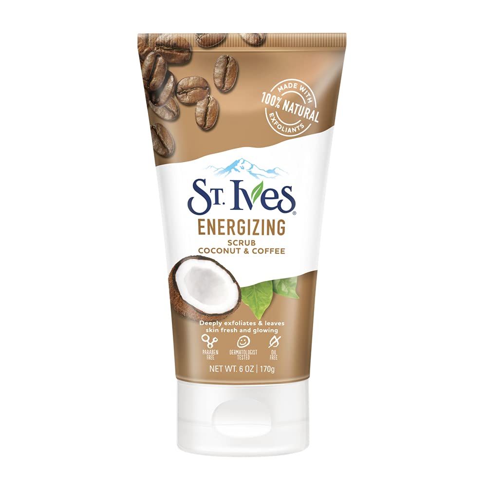 St. Ives Coconut & Coffee Energizing Scrub bottle close-up for refreshed skin.