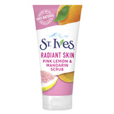 St. Ives Exfoliante Rosa Limón Naranja, botella en primer plano para piel radiante.