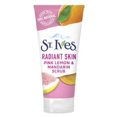 St. Ives Exfoliante Rosa Limón Naranja, botella en primer plano para piel radiante.