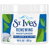 St. Ives Renewing Collagen Elastin cream bottle showcases hydrating formula for dry skin.