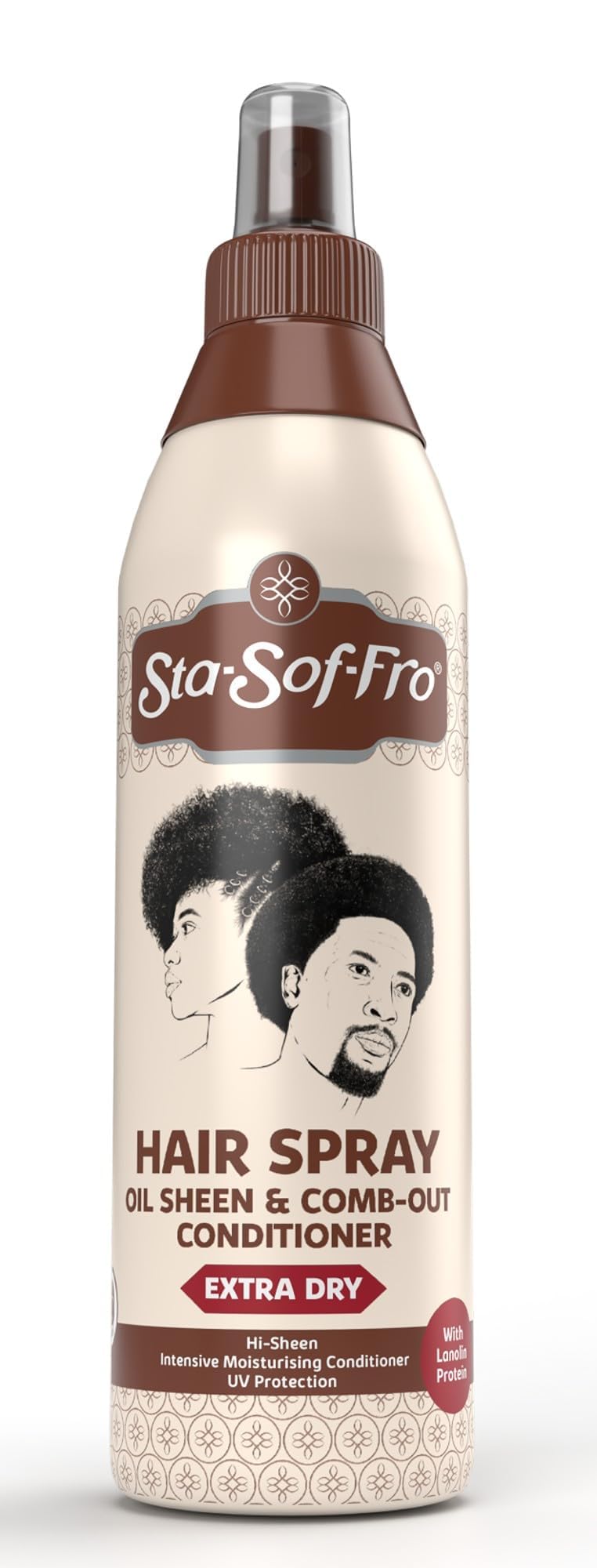 Sta-Sof-Fro bottle pour view helps detangle and condition hair.