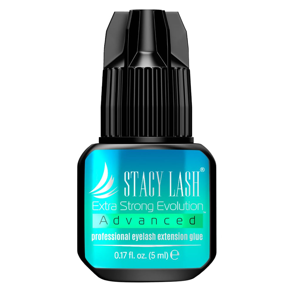 Stacy L ash extra strong evolution glue bottle close-up showing fast bond for salon extensions.