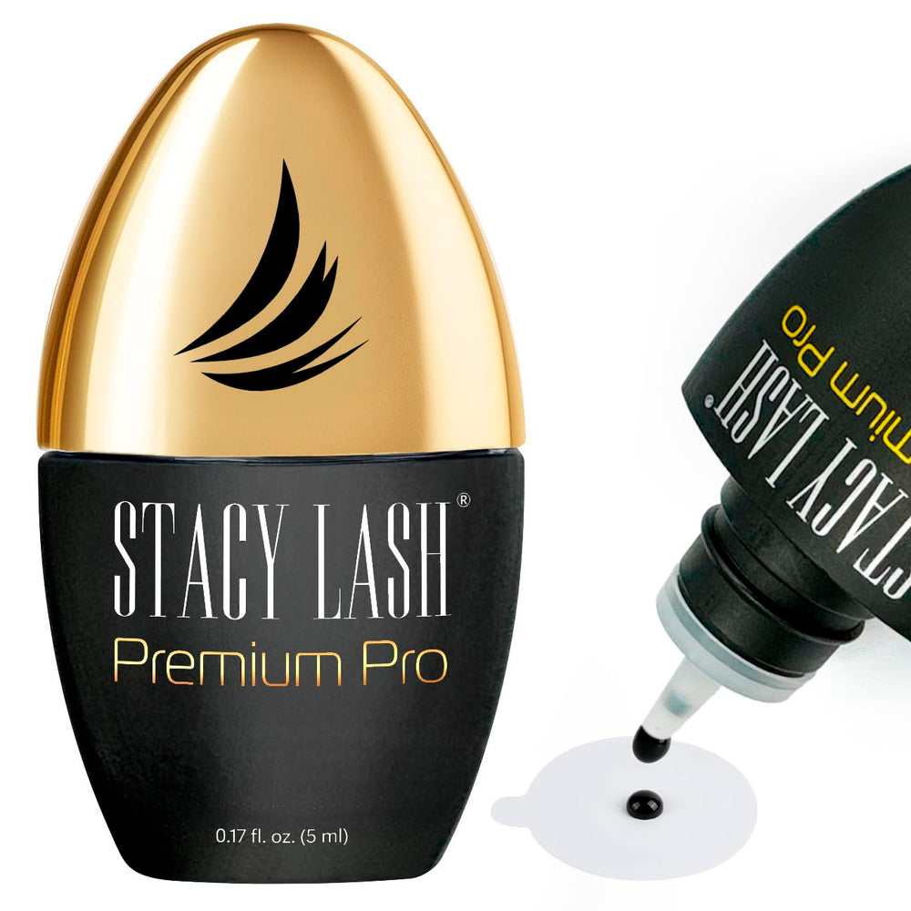 Stacy Lash Premium Pro eyelash glue bottle showing long-lasting hold for professionals
