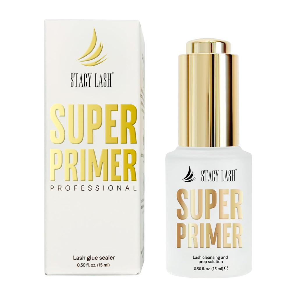 STACY LASH primer para extensiones, frasco de 15 ml, prepara pestañas para mejor adherencia.
