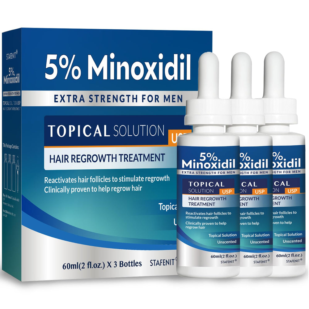 Stafenit 5% minoxidil serum bottle front for at-home hair growth support.
