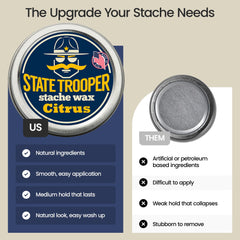 State Trooper Stache Wax tin side view highlighting compact travel size