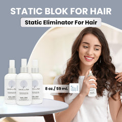 Static Blok rociado en el pelo para eliminar estática y frizz en secciones.