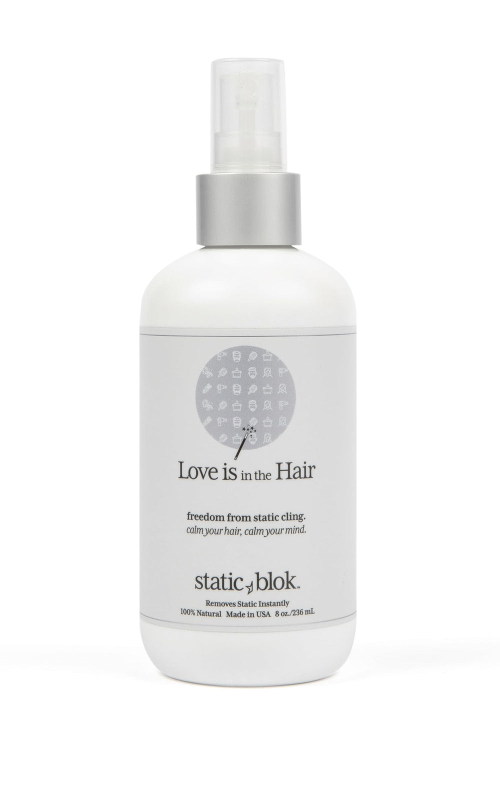 Static Blok botella de spray antiestática para cabello, acabado suave durante todo el día.