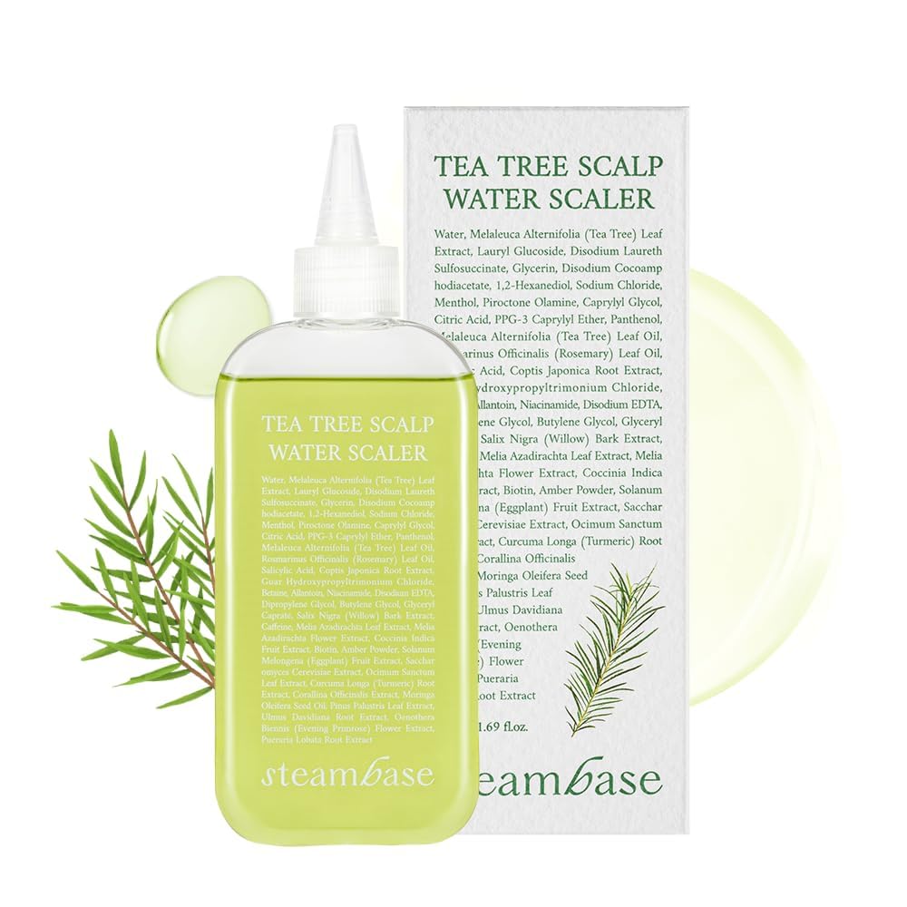 Steambase Tea Tree Scalp Treatment bottle being poured to refresh oily scalps.