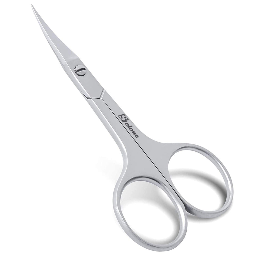 Stelone eyebrow scissors with curved blades for precise brow shaping at home.